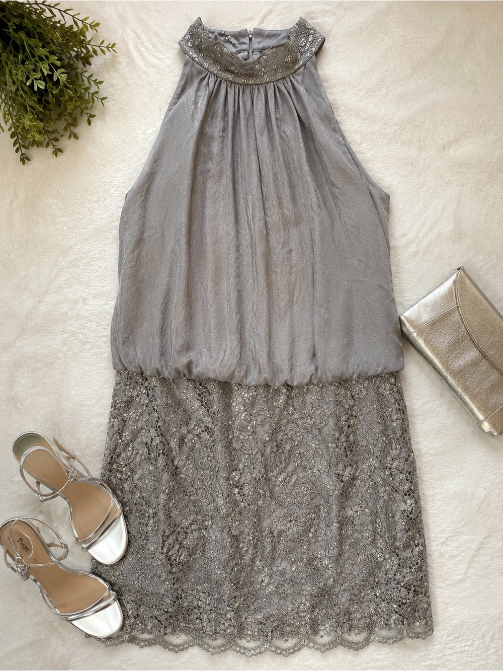 Cache Silver Satin and Lace Halter Dress